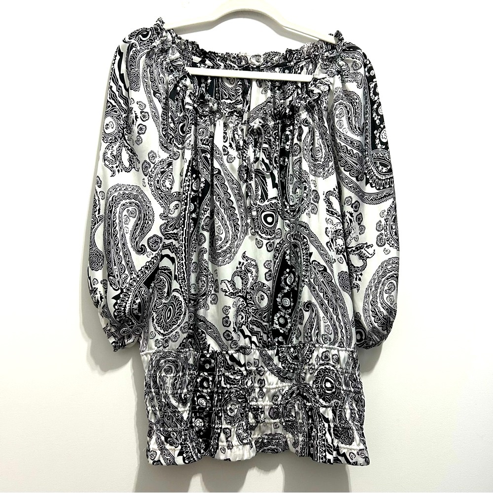 Essentials Women’s Black and White Ruffled Tie Front Blouse